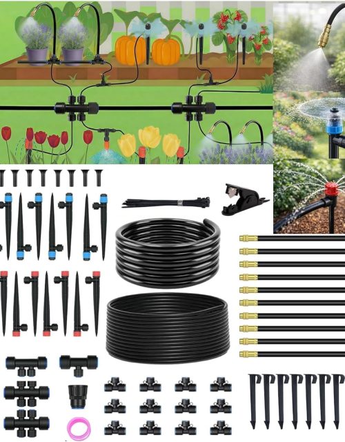 240FT Drip Irrigation System for Garden: 1/2" Quick Connect PE Tubing Automatic Water Sprinkler Kit Adjustable Misting Part 1/4" Watering Hose for Outdoor Raised Bed Plants Flower Yard Greenhouse